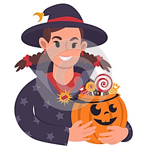 Caucasian girl with halloween pumpkin dressed as a wizard. Flat style Illustration