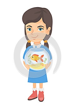 Caucasian girl holding aquarium with goldfish.