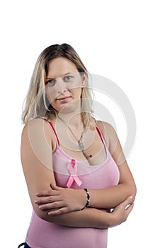 Caucasian girl holding breast cancer ribbon