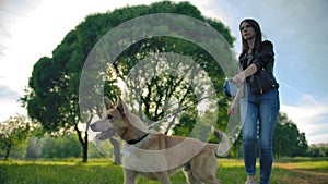 Caucasian girl in jeans leads her dog for a walk in park. Profile shooting in slow motion.