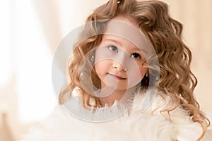 Caucasian girl with long curly white hair, brown eyes. condescending, reproachful expression on the face of child. human emotions.