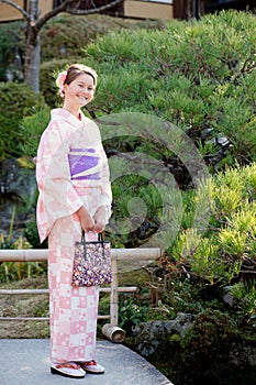 Caucasian girl wearing a kimono