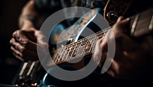 Caucasian guitarist plucking acoustic guitar strings close up generated by AI