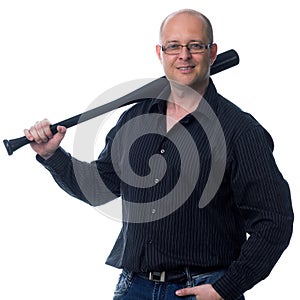 Caucasian guy holding a baseball bat isolated on white