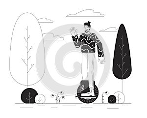 Caucasian guy riding electric unicycle black and white cartoon flat illustration