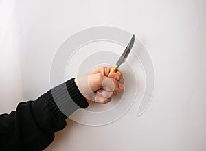 Caucasian hand holding a puntilla knife, over a white background photo