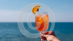 caucasian hand holding glass of red fruit cocktail on blurry sea horizon background at sunny day, neural network