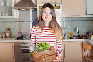 Caucasian housewife with shopping bag