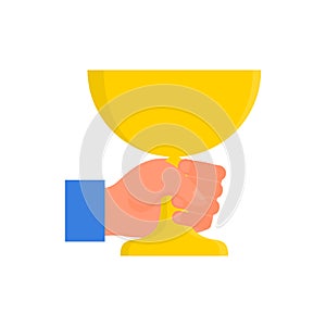 Caucasian human hand holding yellow golden cup in fist. Concept of success. Isolated on white background. Flat style stock vector