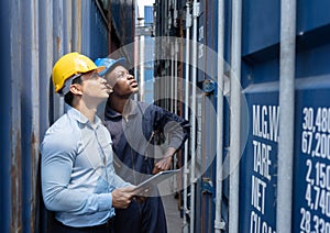 Caucasian Inspectors Inspecting the Containers at the Port