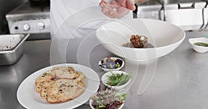 Caucasian male chef decorating meal in kitchen, slow motion