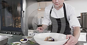 Caucasian male chef decorating meal in kitchen, slow motion