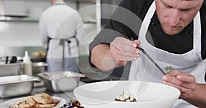 Caucasian male chef decorating meal in kitchen, slow motion