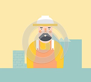 Caucasian male construction worker cartoon with beard, hard hat, and overalls. Professional builder in safety gear at