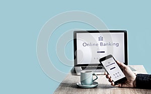 Caucasian Male Hand holding a smartphone with online banking mobile app