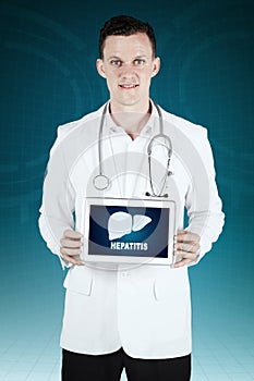 Caucasian male physician showing hepatitis word