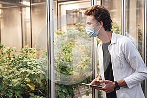 Caucasian male researcher with digital tablet observing the growth progress of plants in glasshouse during COVID-19