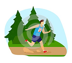 Caucasian male runner racing in nature, sporty man with bib number in a park. Endurance challenge, outdoor sports event