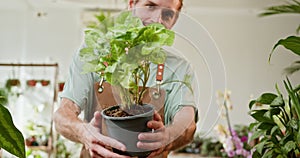 Caucasian male shop assistant working in indoor potted plant store, small business concept. Small business entrepreneur