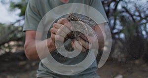 Caucasian male survivalist preparing tinder bundle to make fire at camp in wilderness