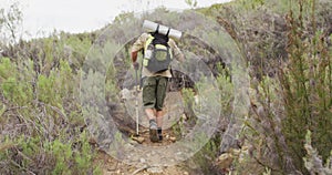 Caucasian male survivalist trekking on trail through wilderness with backpack and walking poles