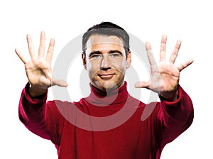 Caucasian man 10 ten showing fingers