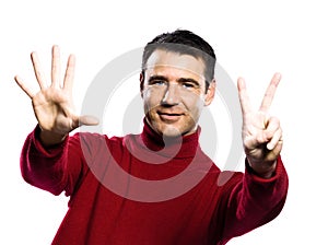 Caucasian man 7 seven showing fingers