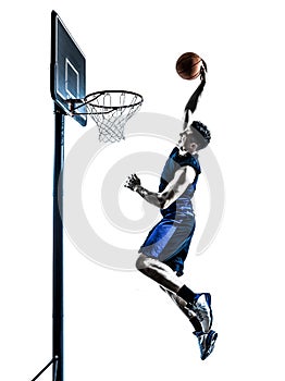 Caucasian man basketball player jumping dunking