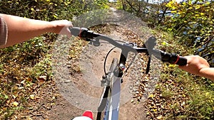 A Caucasian man with a bicycle is riding in the forest path in the summer.