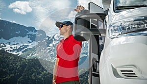 Caucasian Man on a Camper Van RV Road Trip