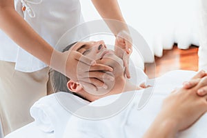 Caucasian man enjoying relaxing anti-stress head massage. Quiescent