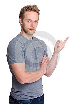 Caucasian man with finger pointing up