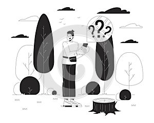 Caucasian man getting lost in forest black and white cartoon flat illustration