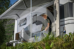 Caucasian Man in His 40s on a Camper Van RV Road Trip