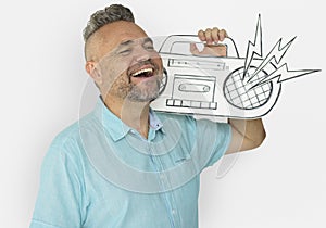 Caucasian Man Holding Paper Crafted Jukebox photo