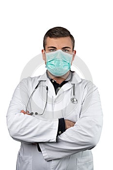 Caucasian man posing as a medical doctor in white overall