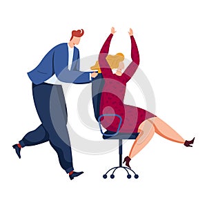 Caucasian man pushing office chair with excited woman raising arms in joy. Business celebration, employee success vector