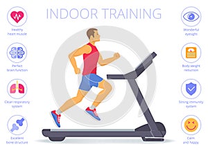 Caucasian man is running on the treadmill. Flat vector illustration.