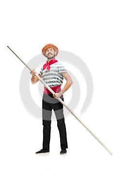 Caucasian man in traditional gondolier costume and hat