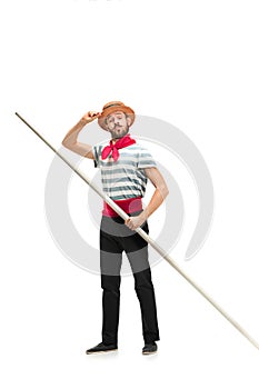 Caucasian man in traditional gondolier costume and hat