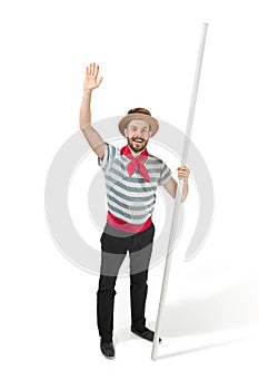 Caucasian man in traditional gondolier costume and hat