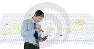 Caucasian man using a digital tablet against navigation map line scheme on white background