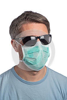 Caucasian man wearing a protection mask and sunglasses on a white background