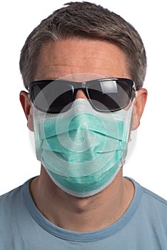 Caucasian man wearing a protection mask and sunglasses on a white background