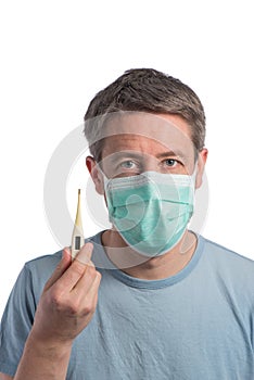 Caucasian man wearing a protection mask with a thermometer on a white background