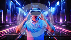 A Caucasian man wearing VR headset and immerses himself in a surreal, futuristic metaverse, where an abstract geometric city photo