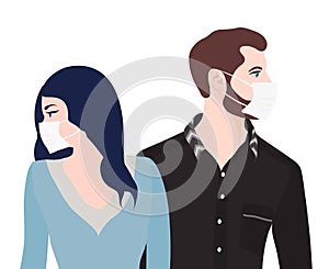 Caucasian man woman couple with medical mask. Separation or divorce between couples with problems of cohabitation due to the lockd