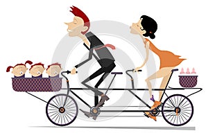 Caucasian man, woman and three babies ride on the tandem bike illustration