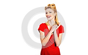 Caucasian model posing in retro fashion and vintage concept. Studio shot on white background. Beautiful young woman with