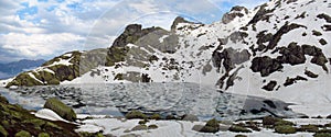Caucasian mountains in Georgia frozen lake landscape